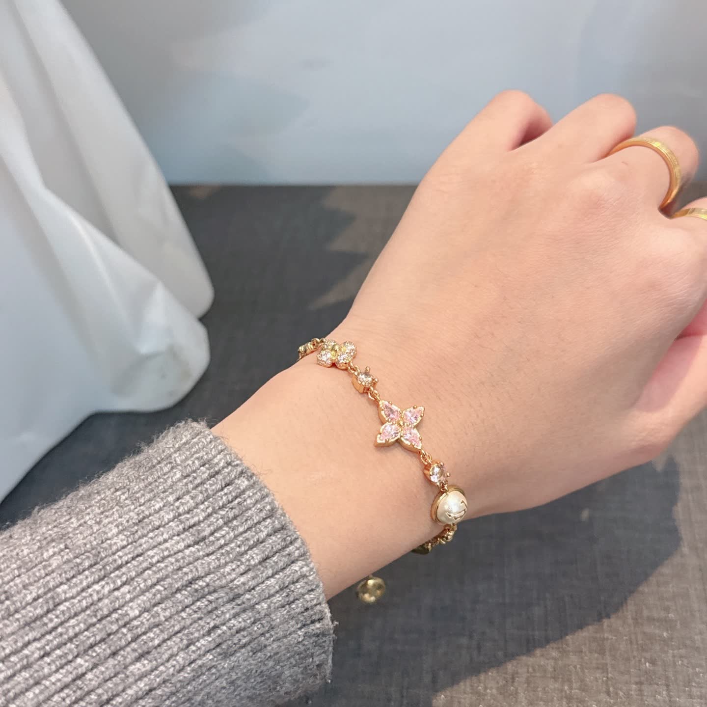 Louis Vuitton Gold Tone Crystal Flower Bracelet